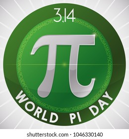 Green button with pi symbol and a part of the numeric value around it to celebrate World Pi Day in March 14.