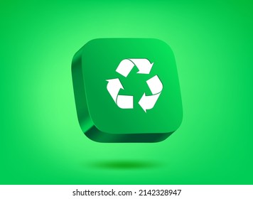 Green button with recycle pictogram on green background. 3d vector illustration