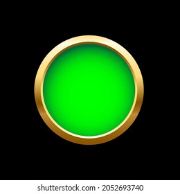 Green button in round gold frame vector illustration. 3d realistic shiny metal golden circle ring on green push click button for website, abstract badge element design isolated on black background - Powered by Shutterstock - Get 15% off with code: PIKWIZARD15