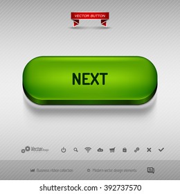 Green button for webdesign or app on the gray background with shadow. Vector design elements.