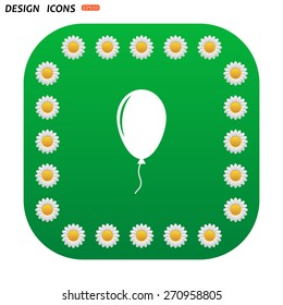 Green button with white daisies for mobile applications. Balloon sign icon. Birthday air balloon with rope or ribbon symbol. icon. vector design