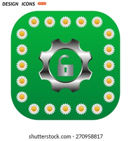 Green button with white daisies for mobile applications. unlock settings. icon. vector design