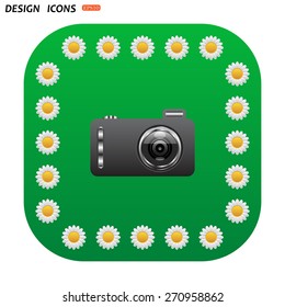 Green button with white daisies for mobile applications.  photo camera. icon. vector design