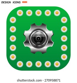 Green button with white daisies for mobile applications. camera Settings. icon. vector design