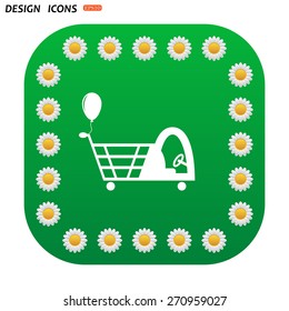Green button with white daisies for mobile applications. Shopping with a cabin for children and inflatable festive ball. icon. vector design