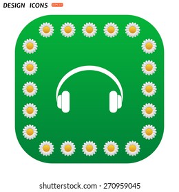 Green button with white daisies for mobile applications. Headphones. Musical accessory. icon. vector design
