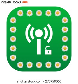 Green button with white daisies for mobile applications. Wireless network access is open, unlocked. icon. vector design