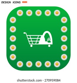 Green button with white daisies for mobile applications. Shopping basket with cabin for children. icon. vector design