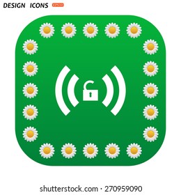 Green button with white daisies for mobile applications. Wireless network access is open, unlocked. icon. vector design