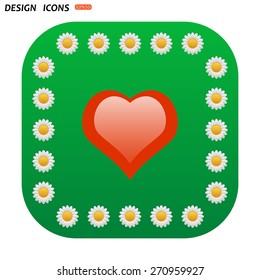 Green button with white daisies for mobile applications. red heart. icon. vector design