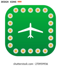 Green button with white daisies for mobile applications. plane. icon. vector design