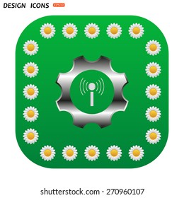 Green button with white daisies for mobile applications. Toothed setting controls via wi-fi network. icon. vector design