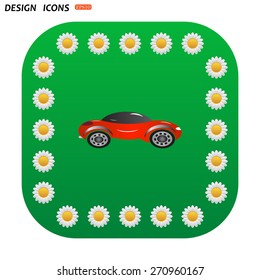 Green button with white daisies for mobile applications. red car. icon. vector design