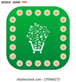 Green button with white daisies for mobile applications. Set of icons. Put into shopping cart. Great buy. Cart of goods. Supermarket. icon. vector design