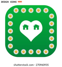 Green button with white daisies for mobile applications. House with Heart Icon. icon. vector design