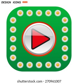 Green button with white daisies for mobile applications. play. icon. vector design