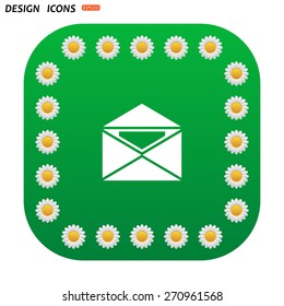 Green button with white daisies for mobile applications. open envelope with a letter. icon. vector design