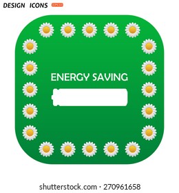 Green button with white daisies for mobile applications. energy saving battery. icon. vector design