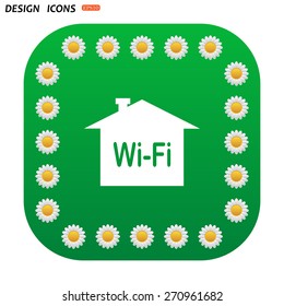 Green button with white daisies for mobile applications. The house is surrounded by a network wi-fi. icon. vector design