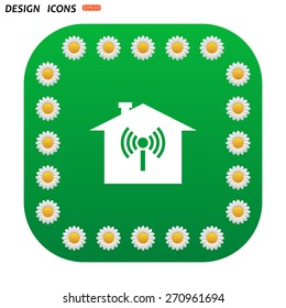 Green button with white daisies for mobile applications. The house is surrounded by a network wi-fi. icon. vector design