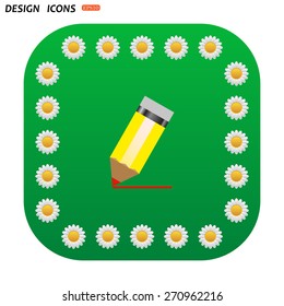 Green button with white daisies for mobile applications. yellow pencil. icon. vector design