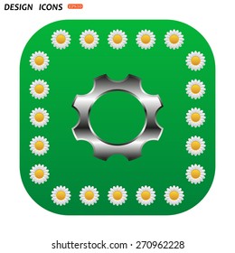 Green button with white daisies for mobile applications. Cog Settings . icon. vector design