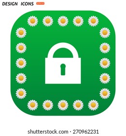Green button with white daisies for mobile applications. lock black . icon. vector design