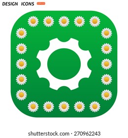 Green button with white daisies for mobile applications. Cog Settings . icon. vector design