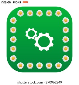 Green button with white daisies for mobile applications. Cog Settings . icon. vector design