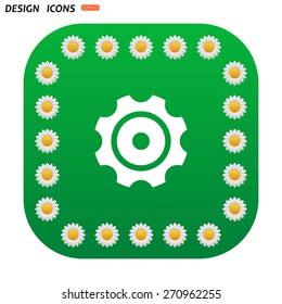 Green button with white daisies for mobile applications. Cog Settings . icon. vector design