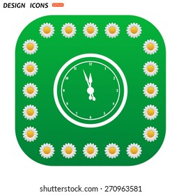 Green button with white daisies for mobile applications. mechanical clock. icon. vector design