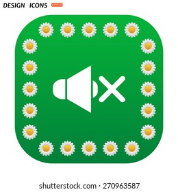 Green button with white daisies for mobile applications. Sound off. icon. vector design
