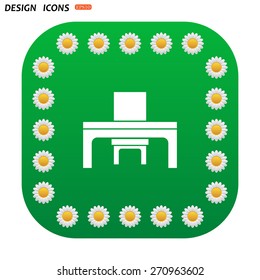 Green button with white daisies for mobile applications. desk and chair, a table in the office. icon. vector design