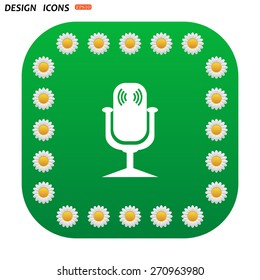 Green button with white daisies for mobile applications. Microphone. Voice recording. icon. vector design