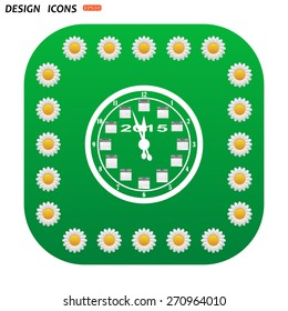 Green button with white daisies for mobile applications. Calendar 2015  stylized clock with figures for the calendar business wall. icon. vector design