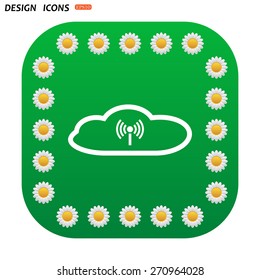 Green button with white daisies for mobile applications. Cloud storage surrounded wi-fi network . icon. vector design