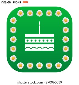 Green button with white daisies for mobile applications. birthday cake icon. icon. vector design