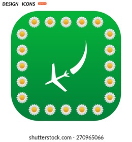 Green button with white daisies for mobile applications.  icon plane. The plane is landing. icon. vector design
