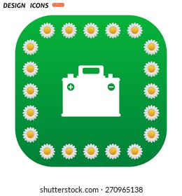 Green button with white daisies for mobile applications. car battery. icon. vector design