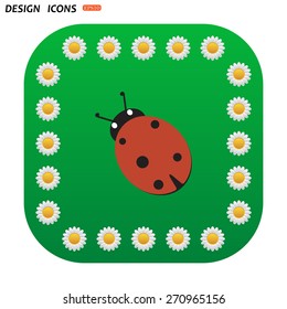 Green button with white daisies for mobile applications. Ladybird. icon. vector design