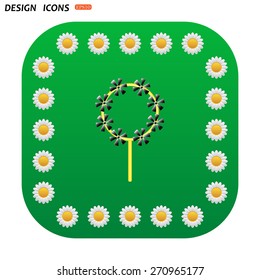 Green button with white daisies for mobile applications. Children's toy wind mill, turntables, pinwheel wind vane. icon. vector design
