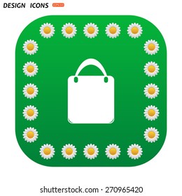 Green button with white daisies for mobile applications. Shopping basket, bag. icon. vector design