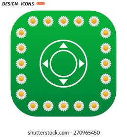 Green button with white daisies for mobile applications. Remote controller's dial, knob, joystick template. icon. vector design