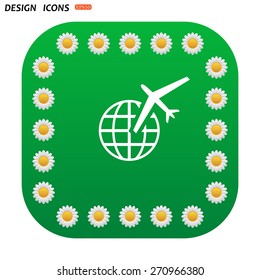 Green button with white daisies for mobile applications. Fashion Icon aircraft around the world. icon. vector design