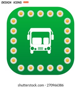Green button with white daisies for mobile applications. Bus. icon. vector design