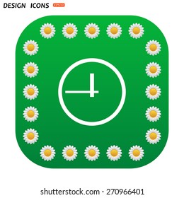 Green button with white daisies for mobile applications. clock icon. Flat design style. icon. vector design