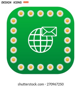 Green button with white daisies for mobile applications. Internet e-mai, envelope lette, Globe. icon. vector design