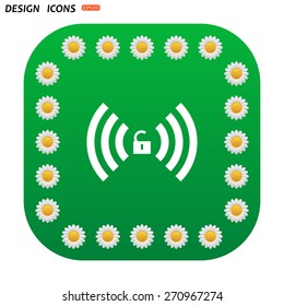 Green button with white daisies for mobile applications. Wireless network access is open, unlocked. icon. vector design