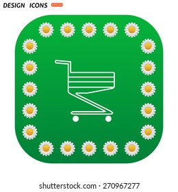 Green button with white daisies for mobile applications. Shoping basket. icon. vector design