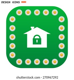 Green button with white daisies for mobile applications. House, access is closed, locked. icon. vector design